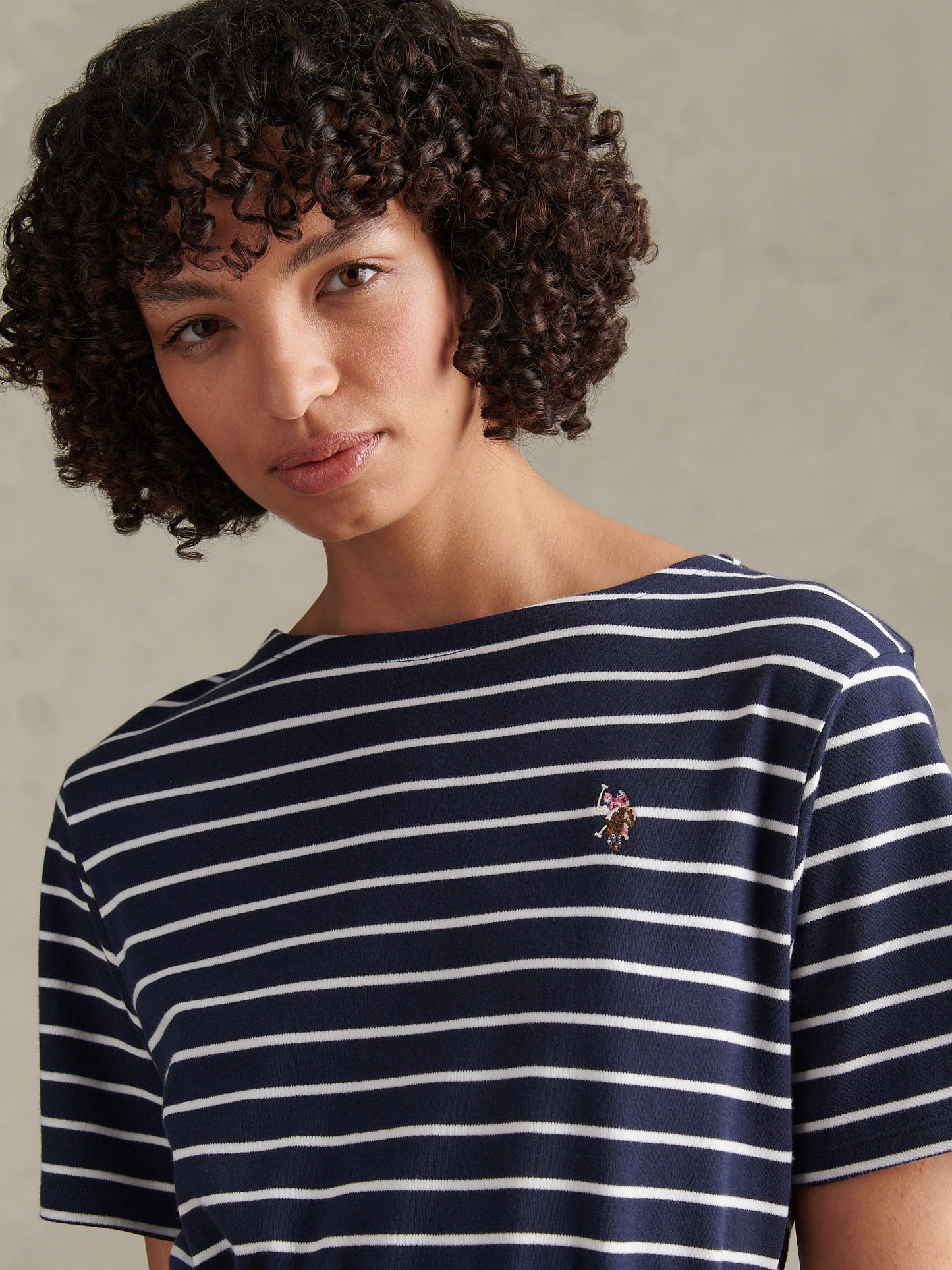 Womens Stripe Belted Boat Neck Midi Dress Navy Iris