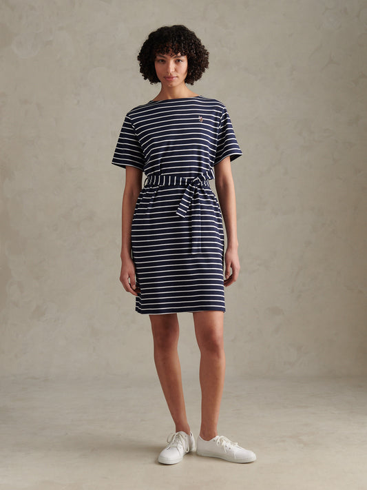 Womens Stripe Belted Boat Neck Midi Dress Navy Iris