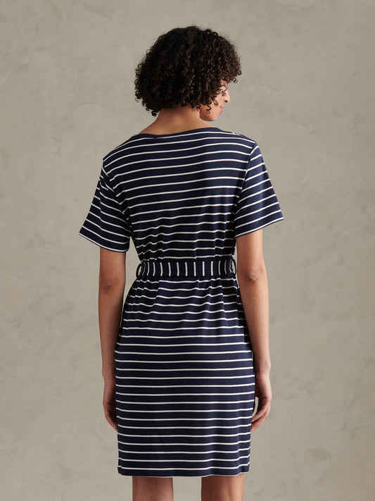 Womens Stripe Belted Boat Neck Midi Dress Navy Iris