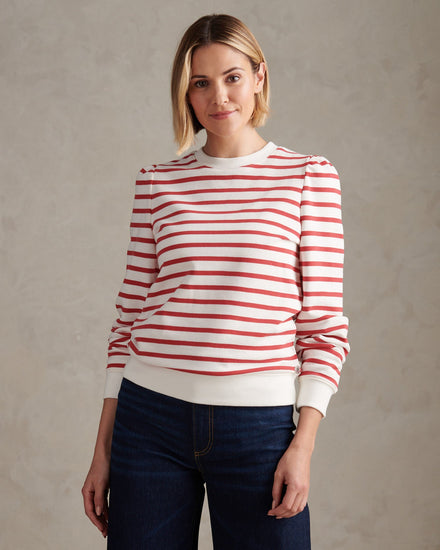 Womens Puff Sleeve Stripe Sweatshirt Mineral Red