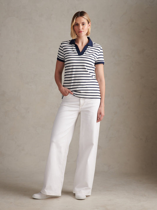 Womens Luxury Stripe Polo Top Marshmallow