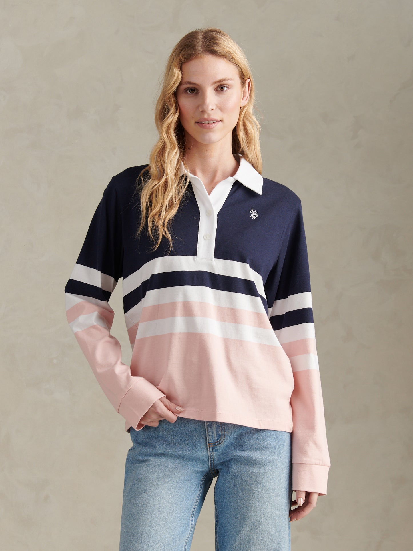 Womens Block Colour Rugby Top Crystal Rose