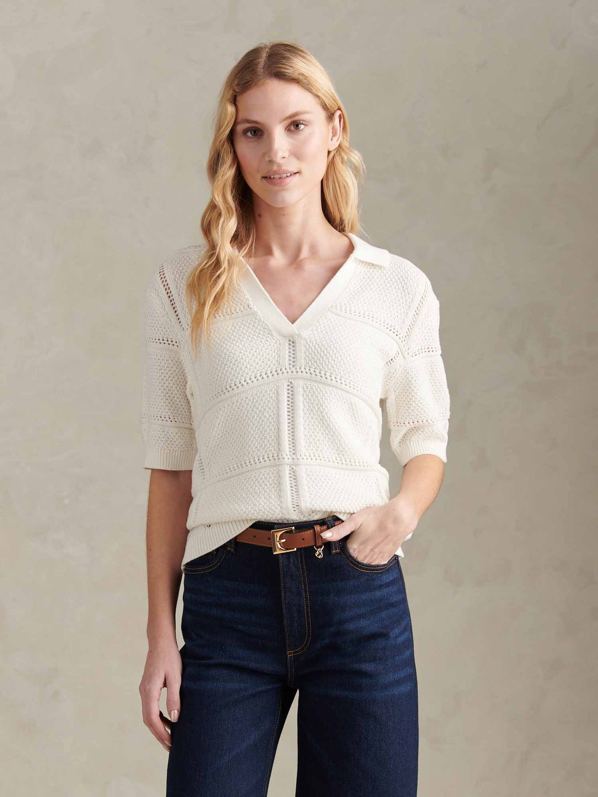 Womens Crochet Knit Polo Shirt Marshmallow