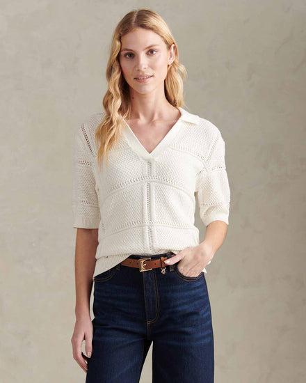 Womens Crochet Knit Polo Shirt Marshmallow