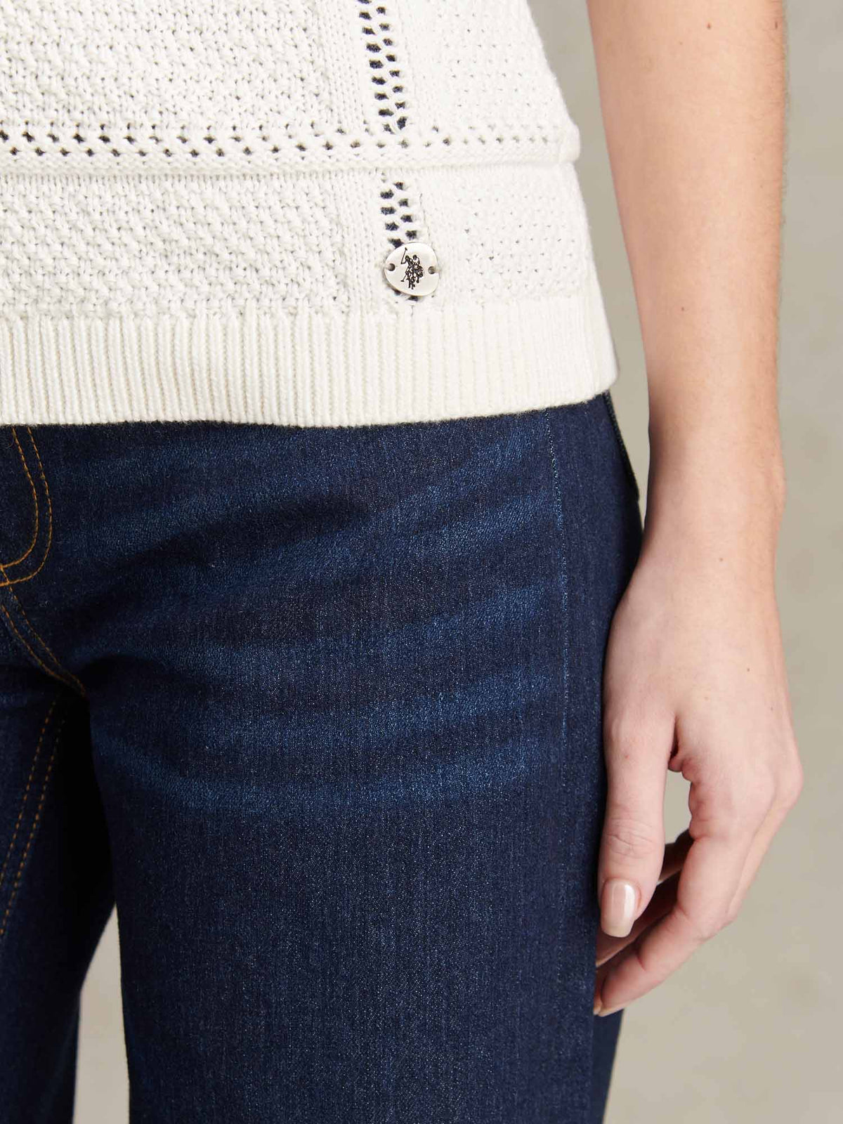 Womens Crochet Knit Polo Shirt Marshmallow