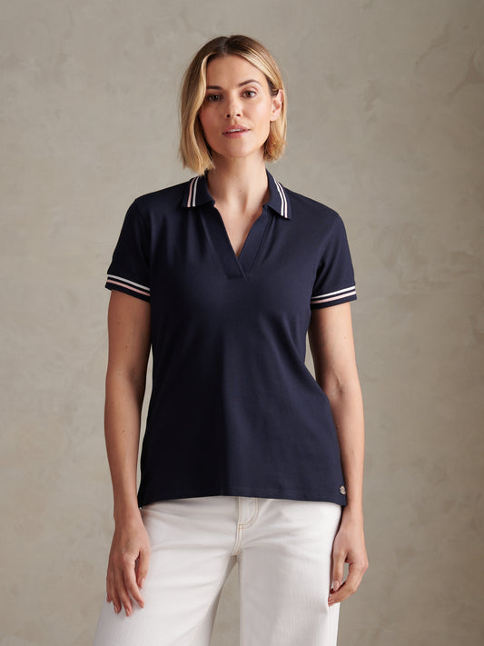 Womens Tipped Stretch Pique Polo Shirt Navy Iris
