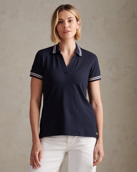Womens Tipped Stretch Pique Polo Shirt Navy Iris