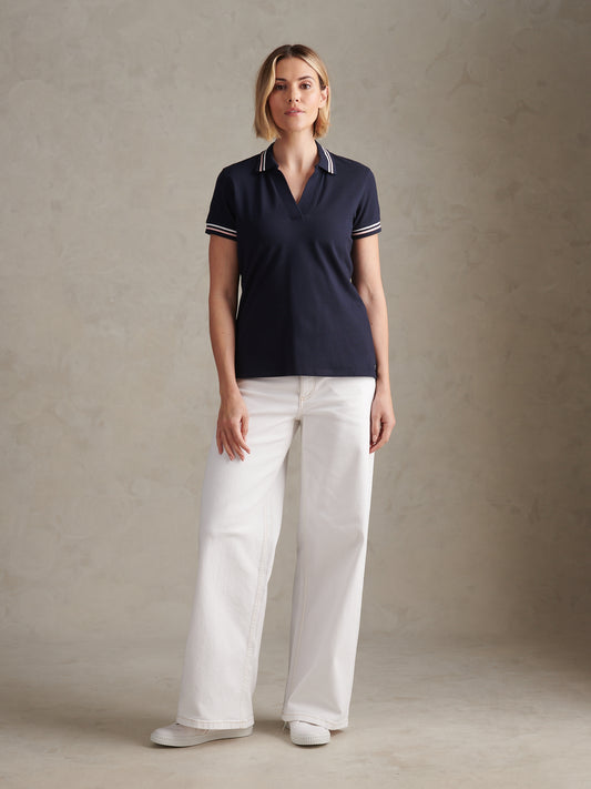 Womens Tipped Stretch Pique Polo Shirt Navy Iris