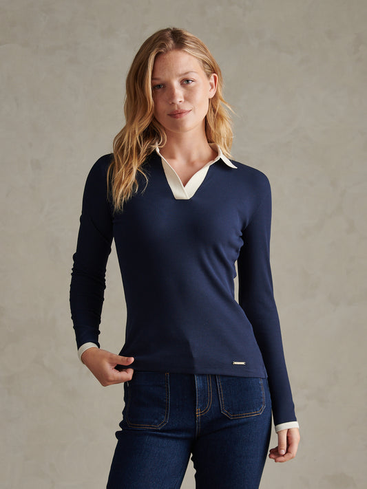 Womens Contrast Collar Long Sleeve Polo Shirt Navy Iris