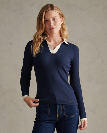 Womens Contrast Collar Long Sleeve Polo Shirt Navy Iris