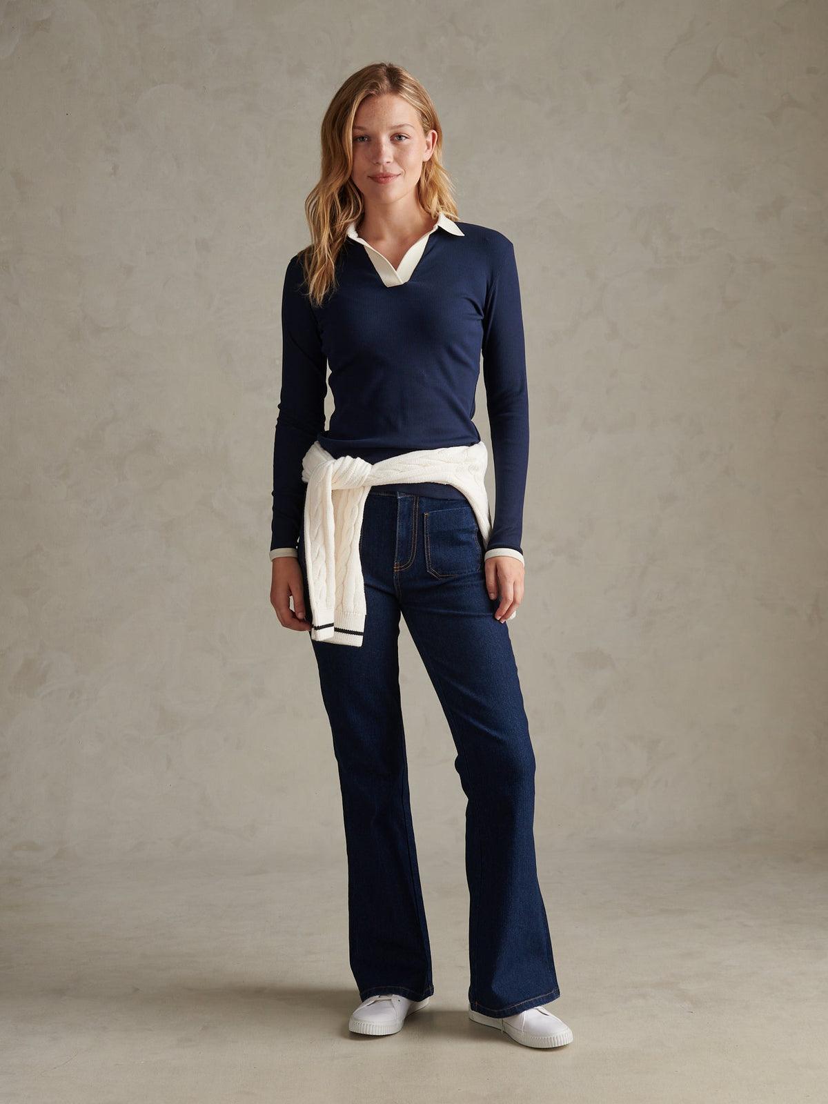 Womens Contrast Collar Long Sleeve Polo Shirt Navy Iris