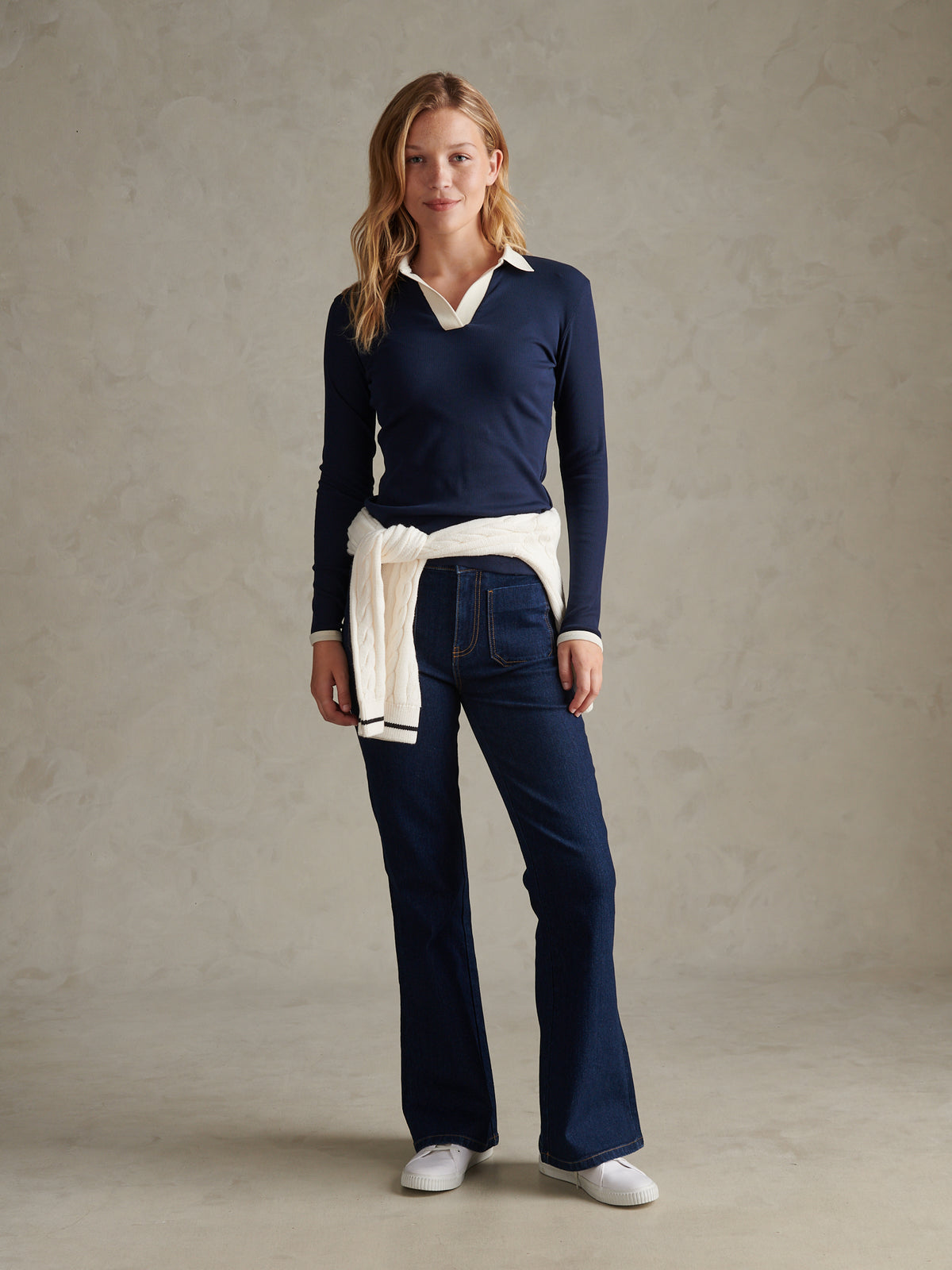 Womens Contrast Collar Long Sleeve Polo Shirt Navy Iris