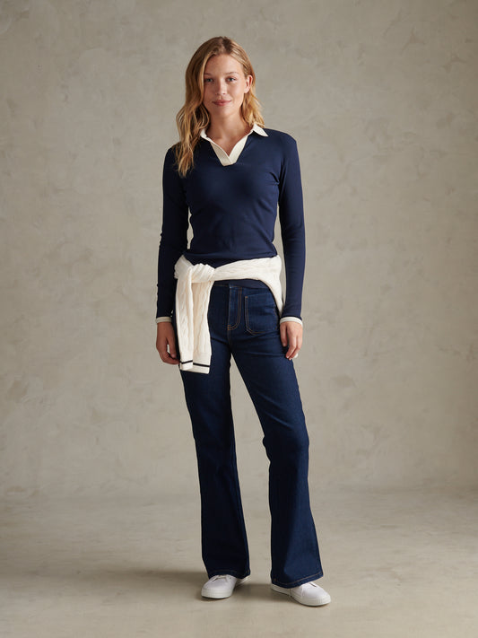 Womens Contrast Collar Long Sleeve Polo Shirt Navy Iris