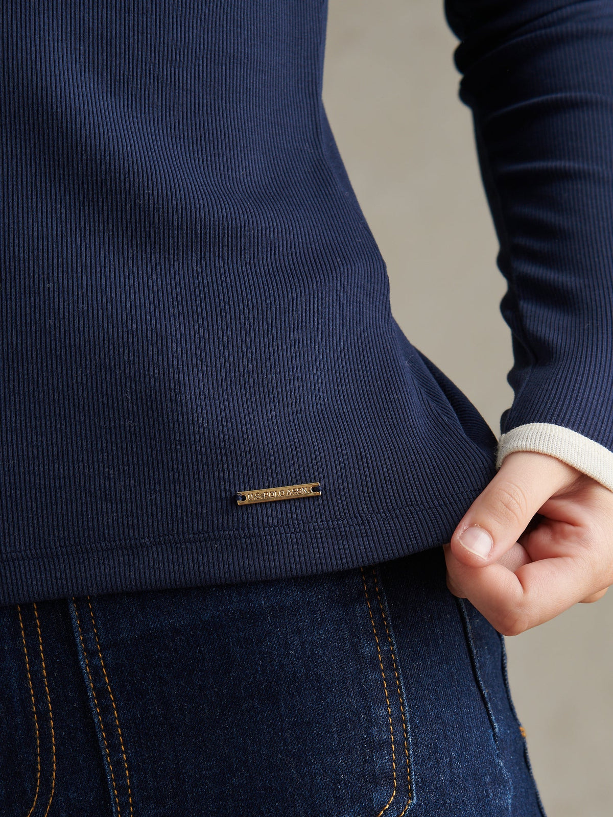 Womens Contrast Collar Long Sleeve Polo Shirt Navy Iris