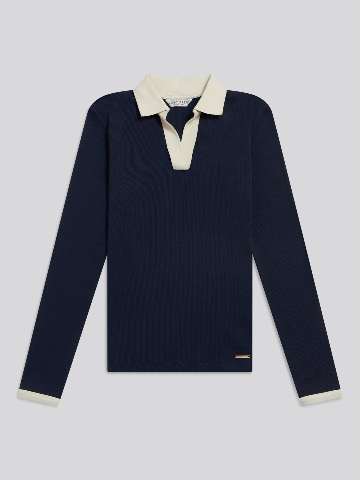 Womens Contrast Collar Long Sleeve Polo Shirt Navy Iris
