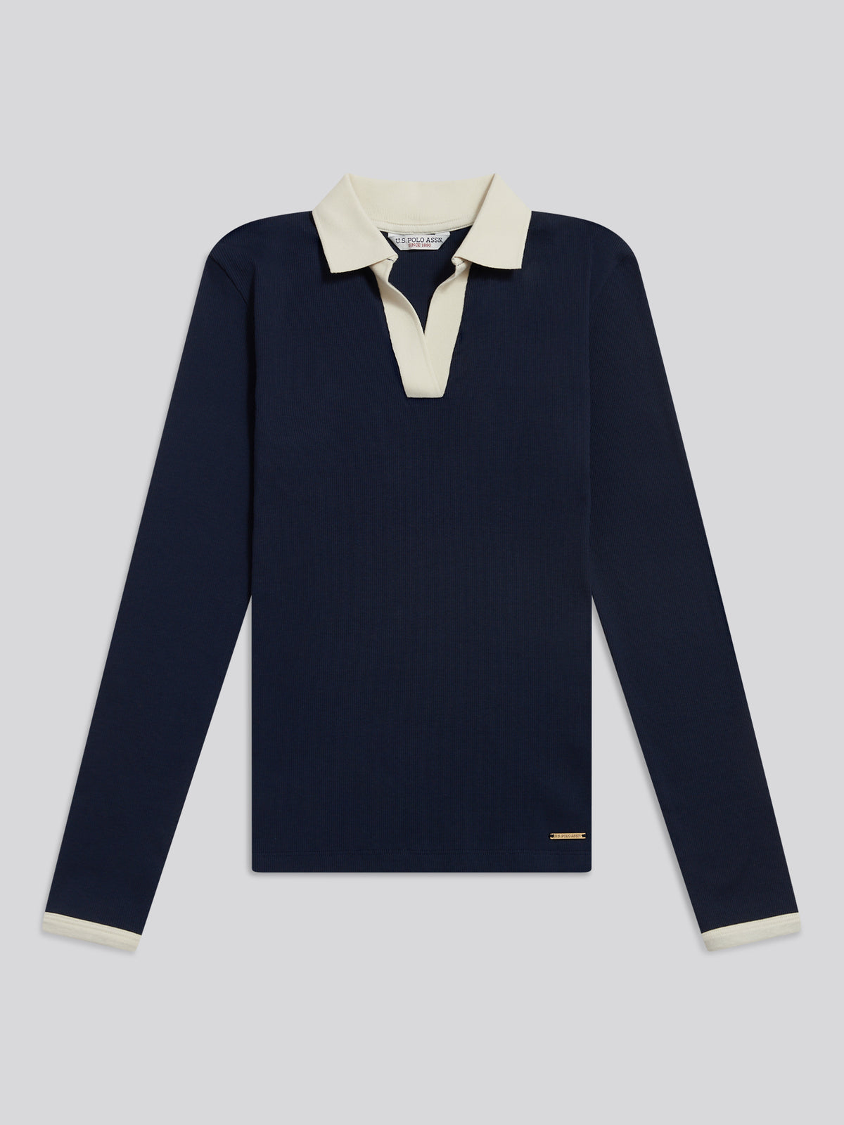 Womens Contrast Collar Long Sleeve Polo Shirt Navy Iris