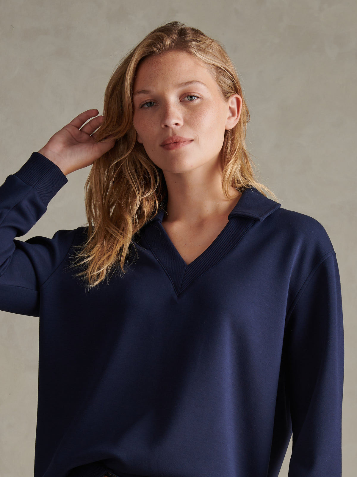 Womens Open Collar Split Hem Jumper Navy Iris