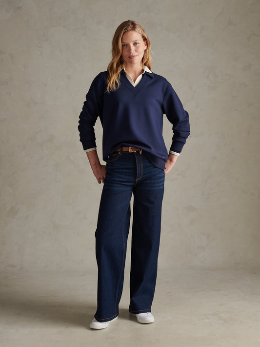 Womens Open Collar Split Hem Jumper Navy Iris
